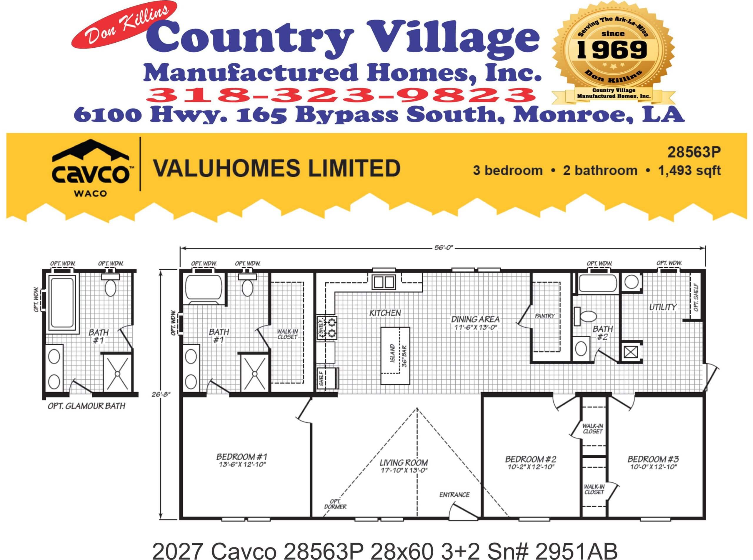 Cavco Waco 28563P 28x60 3+2 Sn# 2951AB Floorplan